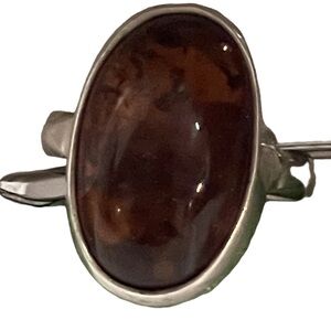 Vintage Modernist 925 Sterling Silver Large Amber Domed Ring - Sz 8